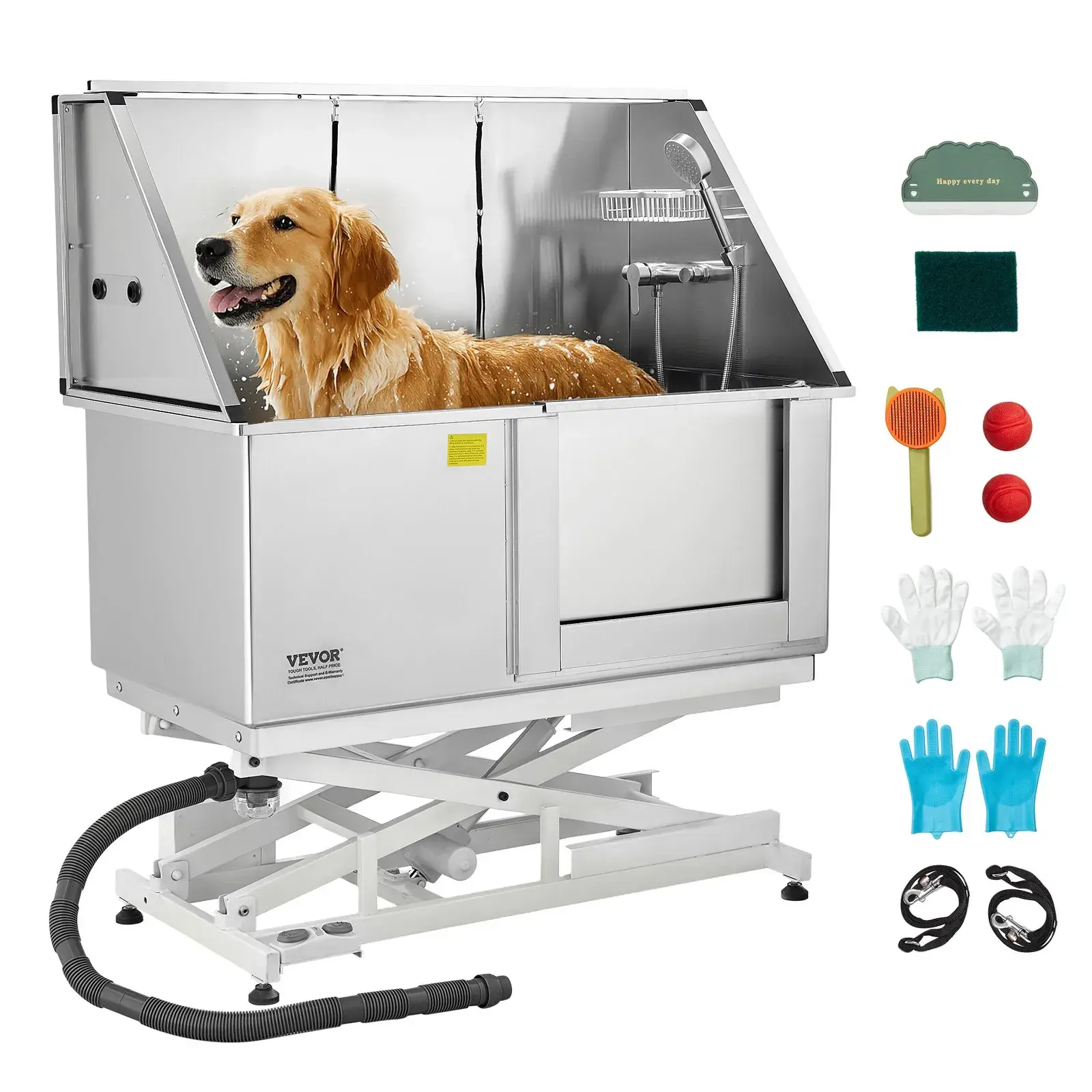 VEVOR Electric Lift Dog Washing Station, 50Inch Professional Stainless Steel Pet Grooming Tub w/ Non-Slip Drain Board,Faucet & Showerhead for Home & Grooming Shop,Fits Medium & Large Pets (Right Door)