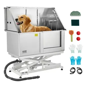 VEVOR Electric Lift Dog Washing Station, 50Inch Professional Stainless Steel Pet Grooming Tub w/ Non-Slip Drain Board,Faucet & Showerhead for Home & Grooming Shop,Fits Medium & Large Pets (Right Door)