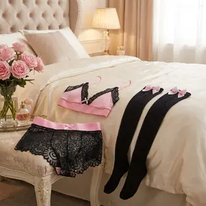 Men's Floral Lace Bra Bikini Panties Bowknot Stockings 3 Piece Nightwear Sleepwear Set - Sissy Underwear Lingerie Set for Crossdressing Comfortable Soft Sensual Sleepwear