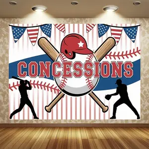 1pc Vibrant 2D Flat Baseball Concessions Banner - Polyester Backdrop with Star, Helmet, Bat, and USA Flag Silhouettes for Birthday Party Decor & Home Supplies