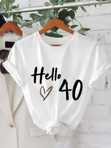 Hello 40 Inch Graphic Print T-Shirt for Women Black White Lettering Heart Design Lightweight Short Sleeve Crew Neck Casual Top Spring Summer Essential Fashion Trendy Streetwear
