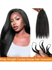 Kinky Straight Human Knotless Pre-Separated Crochet Hair Extensions, Medium Length, Feather Crochet, Bulk Invisible Knots, 50g, Human Hair Weave Extensions