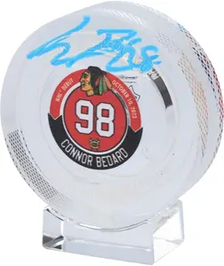 Connor Bedard Chicago Blackhawks Autographed NHL Debut Crystal Puck - Filled with Ice from NHL Debut Game - Fanatics Authentic Certified