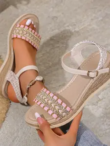 Women's Thick Sole Sandals 2026 New Ethnic Style Cute Vacation Casual Chain Textile Home Wear Heeled Elevator Shoes