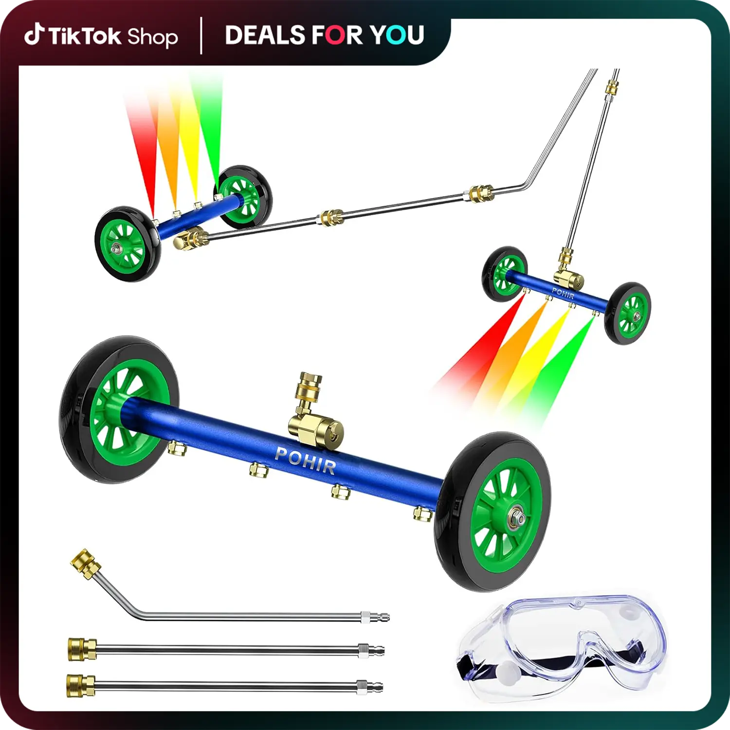 POHIR High Pressure Washer Undercarriage Cleaner Attachment - 16 inch Surface Cleaner, 3 Straight & 2 Extension Wands, Hydraulic-Powered Pivot Quick Connect Kit, Smooth-Rolling Rubber Wheels, Max 4800 PSI, Dual Mode for Undercarriage/Deck Use