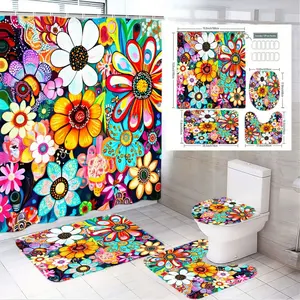 1/4pcs Retro Psychedelic Floral Bathroom Set - Shower Curtain Sets (Large Flowers in Yellow/Red/Blue) + Toilet Seat Cover + 2 Bath Mats - Perfect for Easter, Mother’s Day Home Decor, Bathroom Decorations