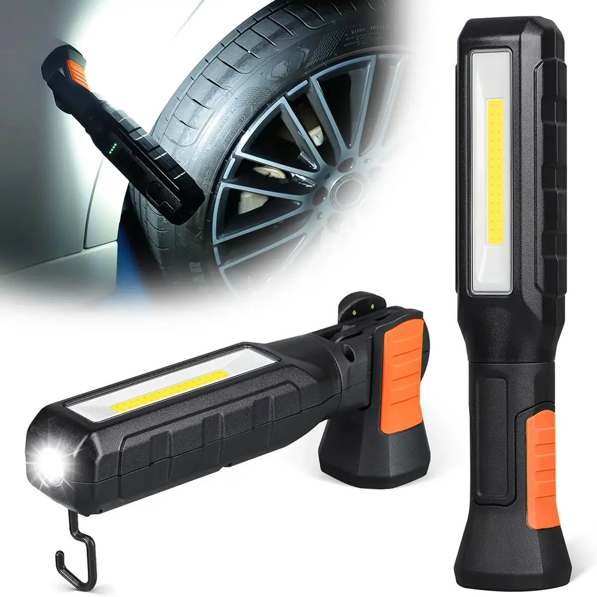 1700LM Work Light Flashlight, 2000mAh Rechargeable Underhood Lighting with Magnetic Base & Hanging Hooks, Handy Light for Car Repair/Garage/Job site/Power Outage/Emergency, Waterproof Durable Led Light