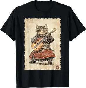 Vintage Japanese Anime Music Samurai Cat Playing Ukulele Kid T-Shirt