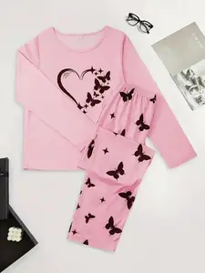 Silky Fiber Pajama Set 95 Percent Polyester 5 Elastane Blend Short Sleeve Round Neck Shorts Heart Butterfly Patterns Spring Summer Fall Wear Loungewear, Daily Essential, Timeless, Must Have, Seasonal, Girls Night
