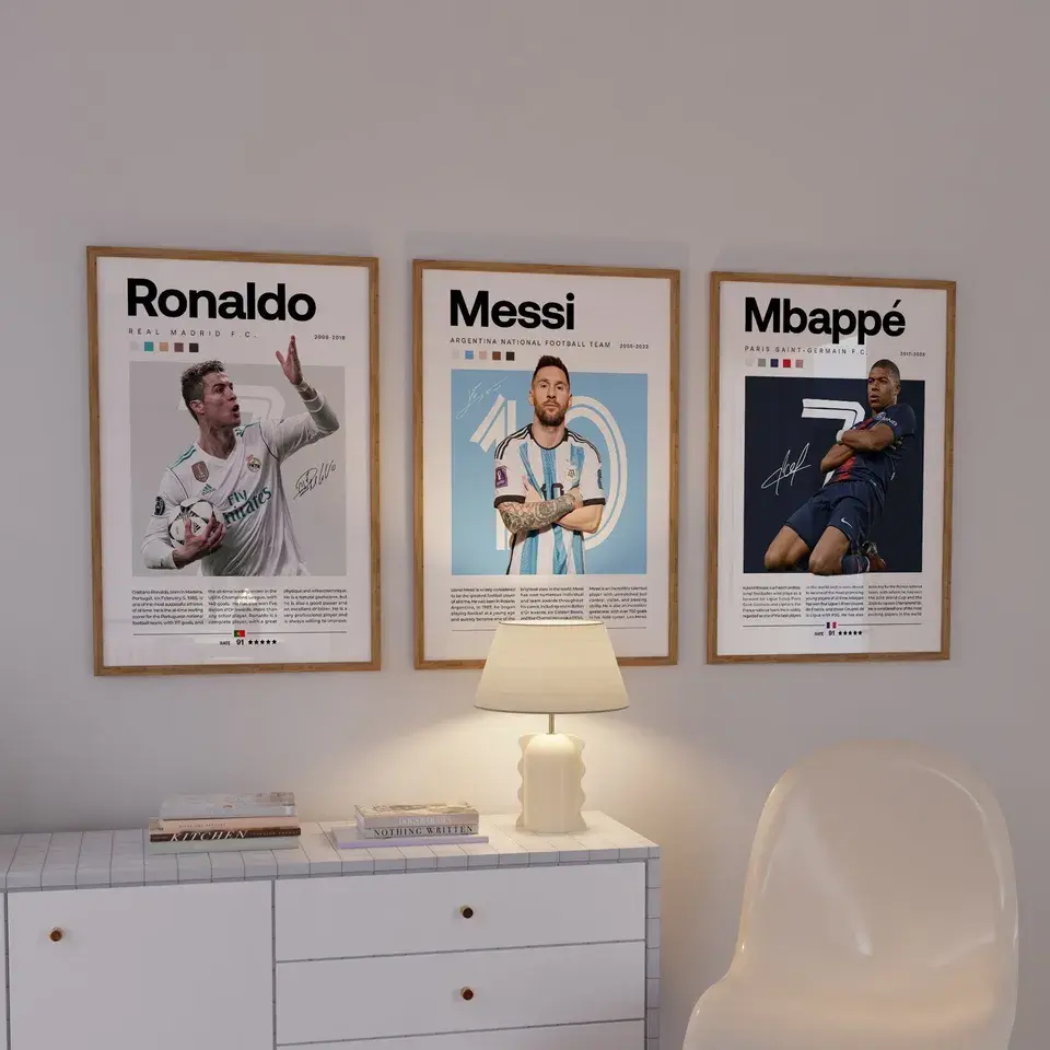 3 Options Mbappe Ronaldo Messi Poster No Frame, Soccer Art Print, Football Poster, Mid-Century Modern, Famous Sport Star Wall Art