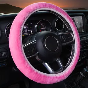 KAFEEK Furry Car Steering Wheel Cover Soft Warm Non-Slip Car Decoration for Women Girls, Pink