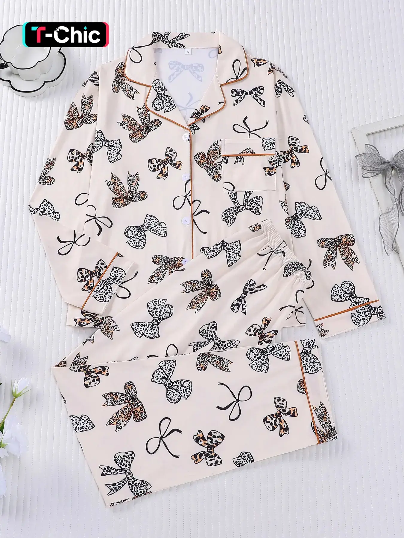 2-piece full body leopard print bow pattern knit long sleeved pants top with small pockets and elastic waistband suitable for all seasons of home, casual wear, home wear, loungewear, pajamas