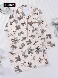 2-piece full body leopard print bow pattern knit long sleeved pants top with small pockets and elastic waistband suitable for all seasons of home, casual wear, home wear, loungewear, pajamas