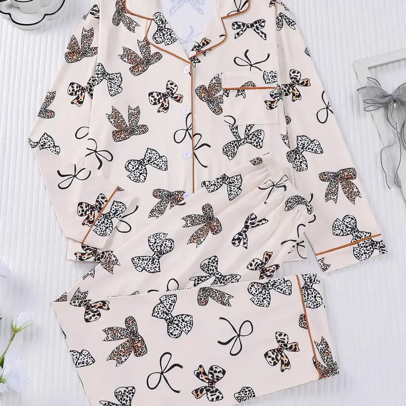 2-piece full body leopard print bow pattern knit long sleeved pants top with small pockets and elastic waistband suitable for all seasons of home, casual wear, home wear, loungewear, pajamas Printed Sleepwear Set Button Pajama