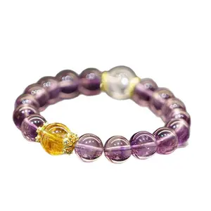 Crystal Oracle Natural Brazilian Amethyst 'Ice Grape' Bracelet with Clear Quartz Bead – Energy Crystal for Business Success & Spiritual Clarity Gemstone Focus Balance Intuition