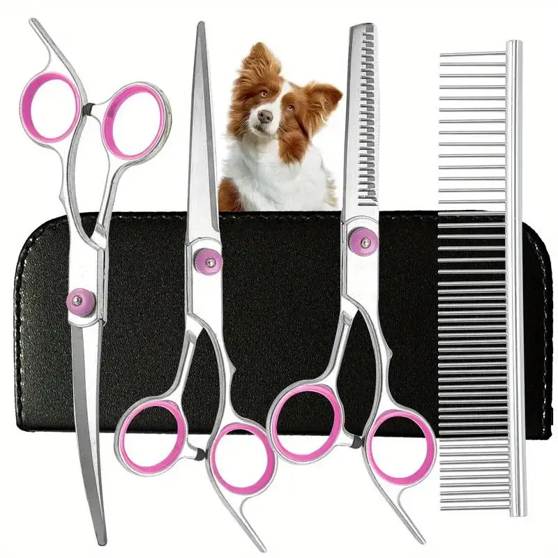 5 in 1 Pet Grooming Scissors Set, 5 Counts/set Stainless Steel Pet Hair Trimming Tool, Professional Pet Grooming Tool for Dogs & Cats