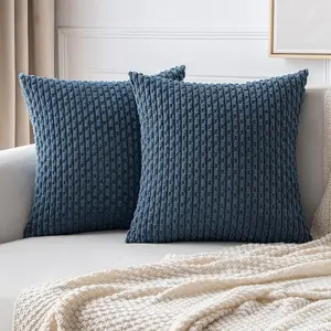 Pack of 2 Decorative Throw Pillow Covers 20x20 Inch Soft Boho Striped Textured Corduroy Pillow Covers Farmhouse Home Decor for Couch Bed Sofa Living Room Blue