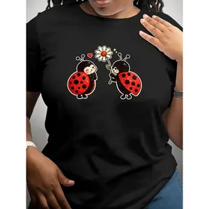 Women's Seven-Spotted Ladybug Print T-Shirt - Soft Stretch Crew Neck Top Suitable for All Seasons, Casual Casual Attire with Adorable Ladybug Pattern, Machine Washable Blouse for Spring Summer Outfits