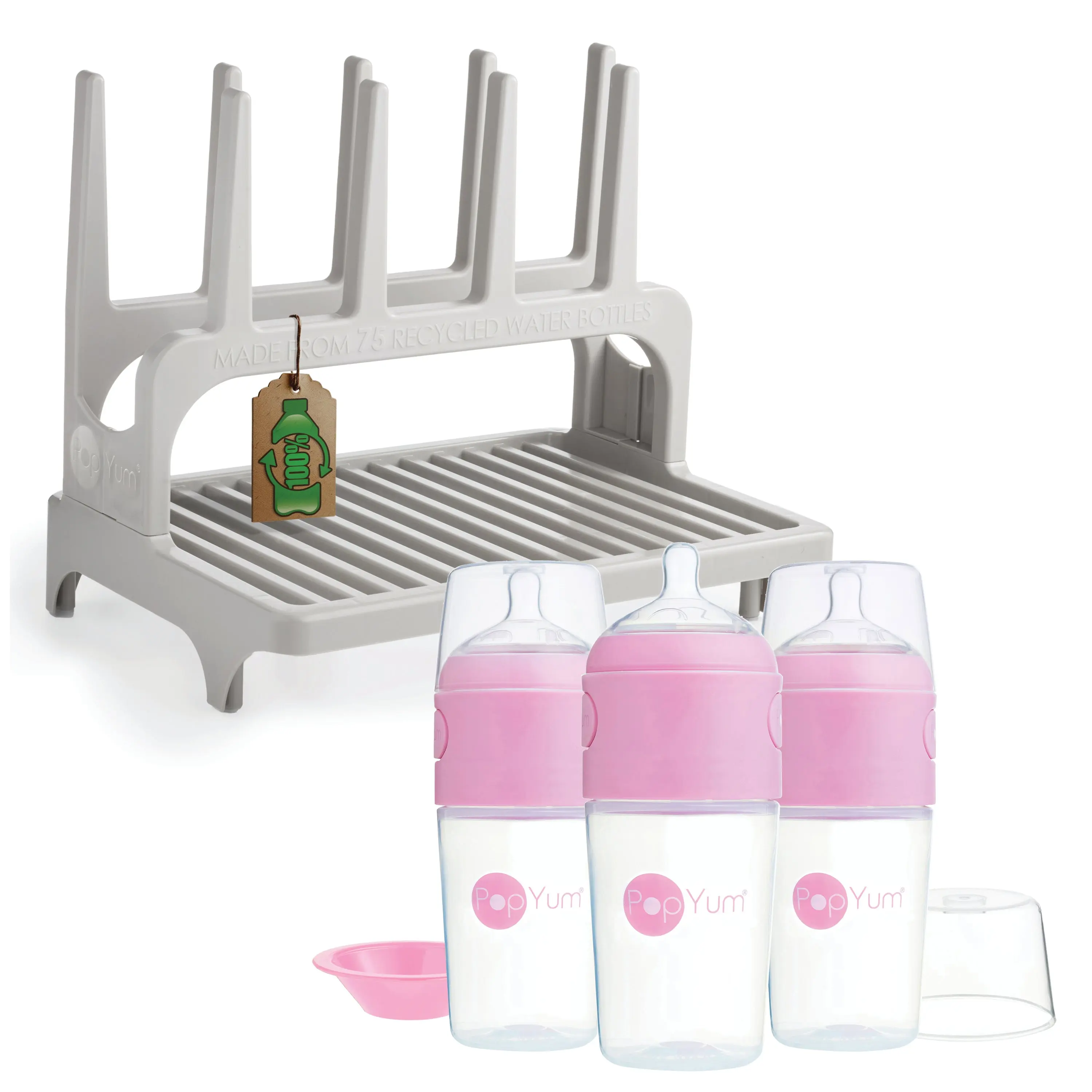 PopYum 9 oz Pink Formula Making Baby Bottle 3-Pack with Gray Drying Rack Bundle