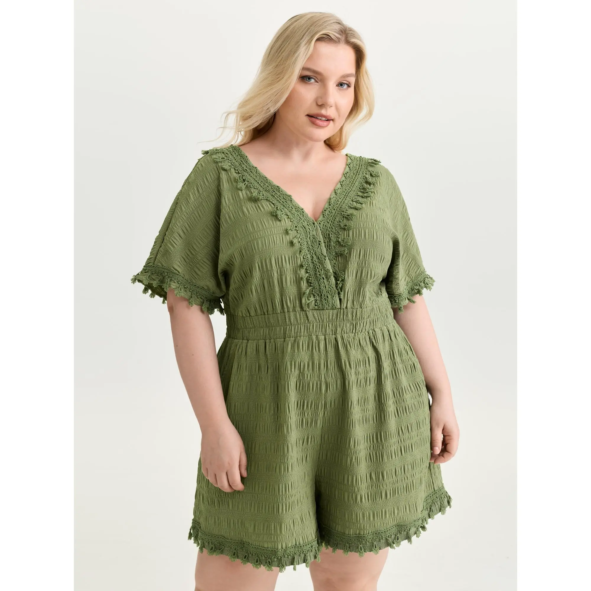 BloomChic Women's Plus Size Casual Shortsleeve Fringe Lace V-Neck Romper - Spandex-Polyester Blend, Romantic Floral, Loose Cut, Side Pockets, Smooth, Fit, Beltfree Ease, Patchwork Texture, Low-Iron Overalls, Summer Wear