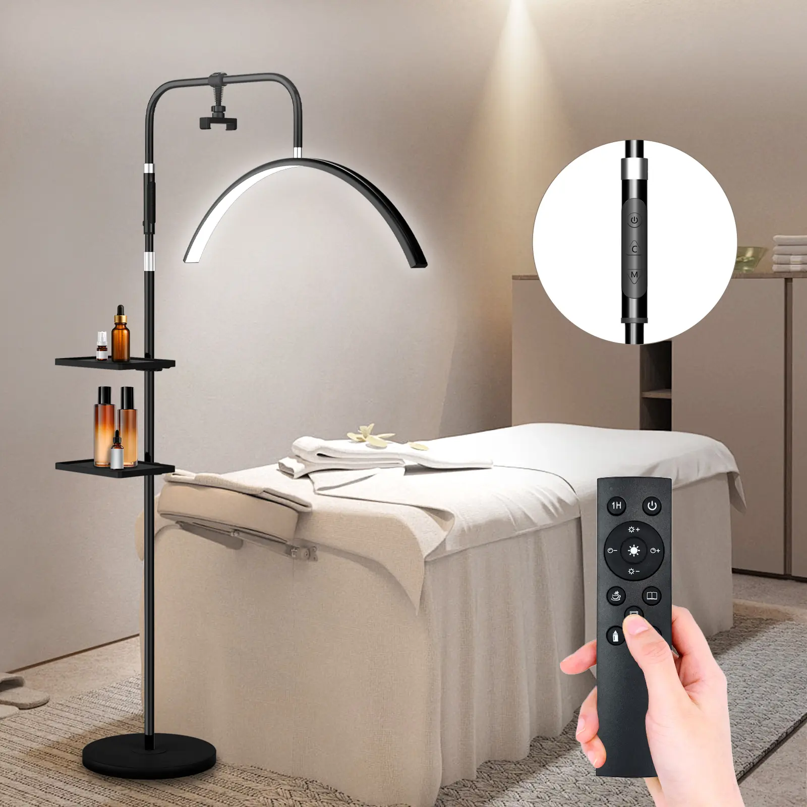 Half Moon Light Lash Lamp, Shadowless Movable LED Floor Lamp with Adjustable Height, 24W 1500LM, 4 Color Modes, Phone Holder & 2 Trays, Dimmable Lighting for Eyelash Extensions, Nail, Tattoo, Esthetician & Beauty Salon