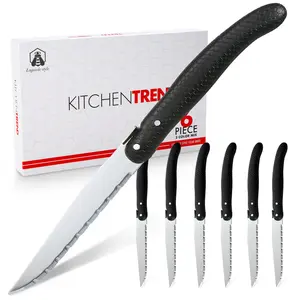 KITCHENTREND Steak Knives Set of 6, New Laguiole Premium serrated knife set, knives Set for Kitchen (Black) Block Classic tableware Heavy Duty Stainless Steel home restaurant wedding