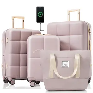 4-Piece Expandable ABS Hardshell Luggage Set w/ USB Port & Cup Holder - 20" Airline-Approved Spinner Suitcases with Travel Bag & Durable Design - Rosy Brown Handy Packing Handy Packing