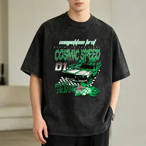 Men's Vintage Washed T-Shirt Cosmic Speed Racing Car Graphic Oversized Graphic Tee Outdoor Casual Short Sleeve