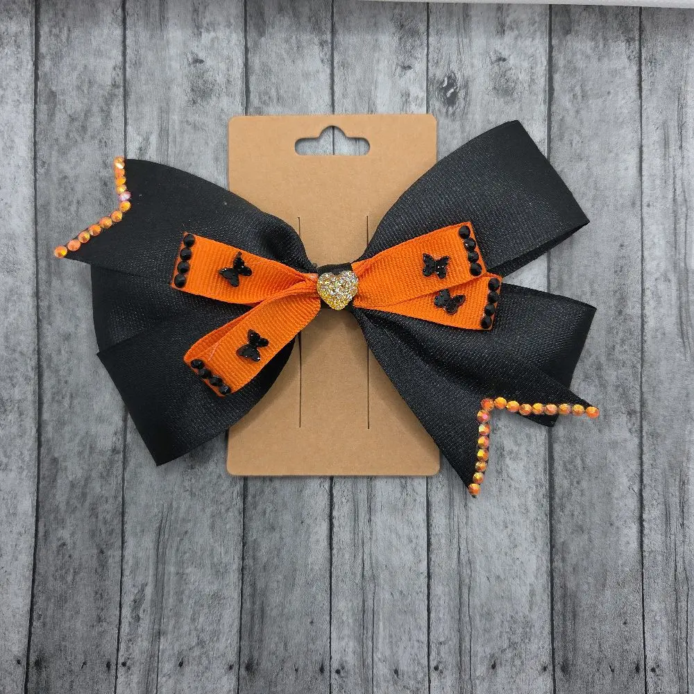 Kids Halloween Party Hair Bow - Spooky Orange Ribbon with Beaded Trim, Sparkling Hearts Rhinestone Center, Black Butterflies, Cute Casual Hair Accessory, Spooky Chic, Fashion, Black Ribbon