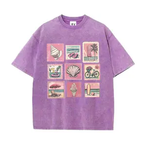 Retro washed beach print stamp patchwork oversized T-shirt, romantic coastal style summer graphic T-shirt, pink seashell surfboard, comfortable and soft fabric, perfect for beach vacations.