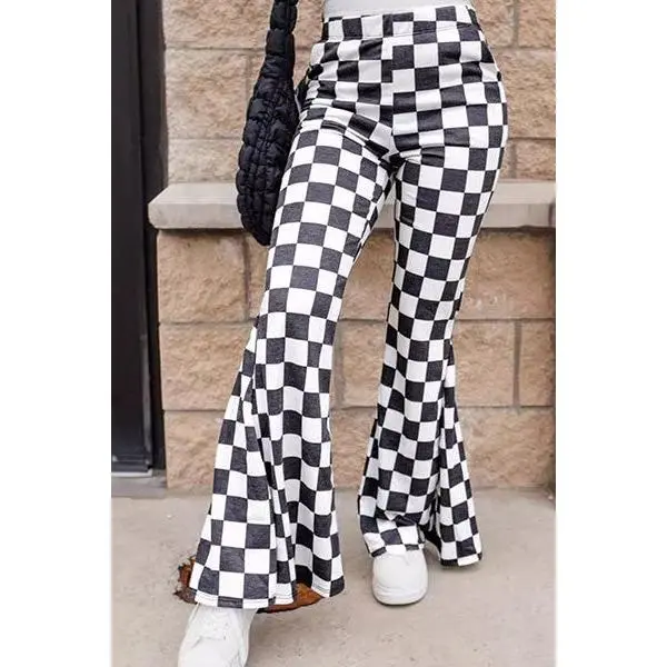 Black Checkerboard High Rise Casual Flared Pants