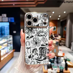 Retro Western Cowboy Pattern Solid color Electroplating Phone Case for iPhone 17 Pro Max Air 16 Plus 15 14 13 12 11 Cowboy hat Cowboy boots Advanced fashion gift Design Non Slip TPU Soft Shell Drop Protection Shockproof Soft Silicone Cover
