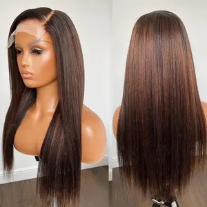 Light Yaki Invisible Knots Ombre Brown Color Kinky Straight Full Raw Hair 5*5 Transparent Lace Closure Wigs black friday