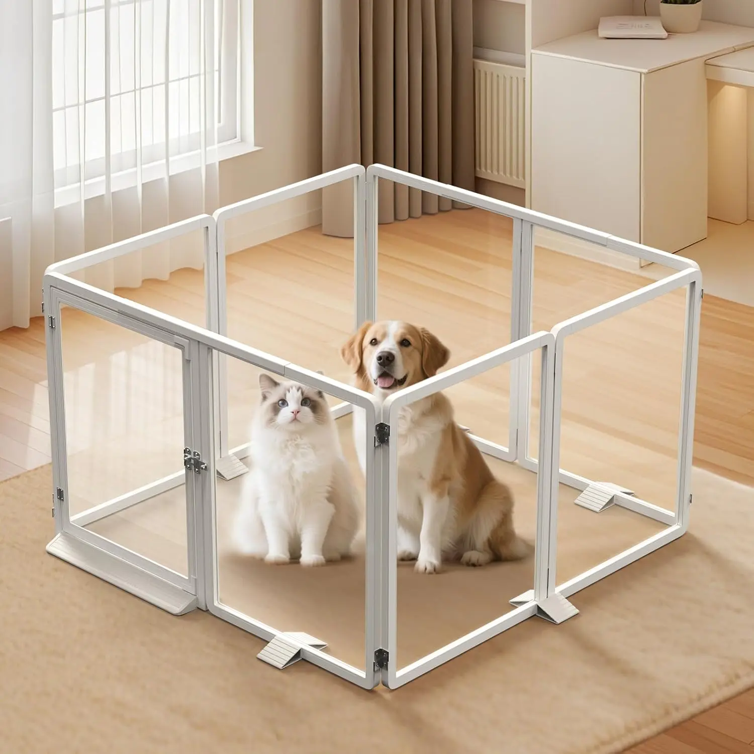 Sunyrisy Clear Acrylic Pet Playpen, 24" H Transparent Dog Fence with Support Feet, Sturdy & Stylish Indoor Enclosure for Puppy, Cat, Rabbit, Easy to Assemble & Clean