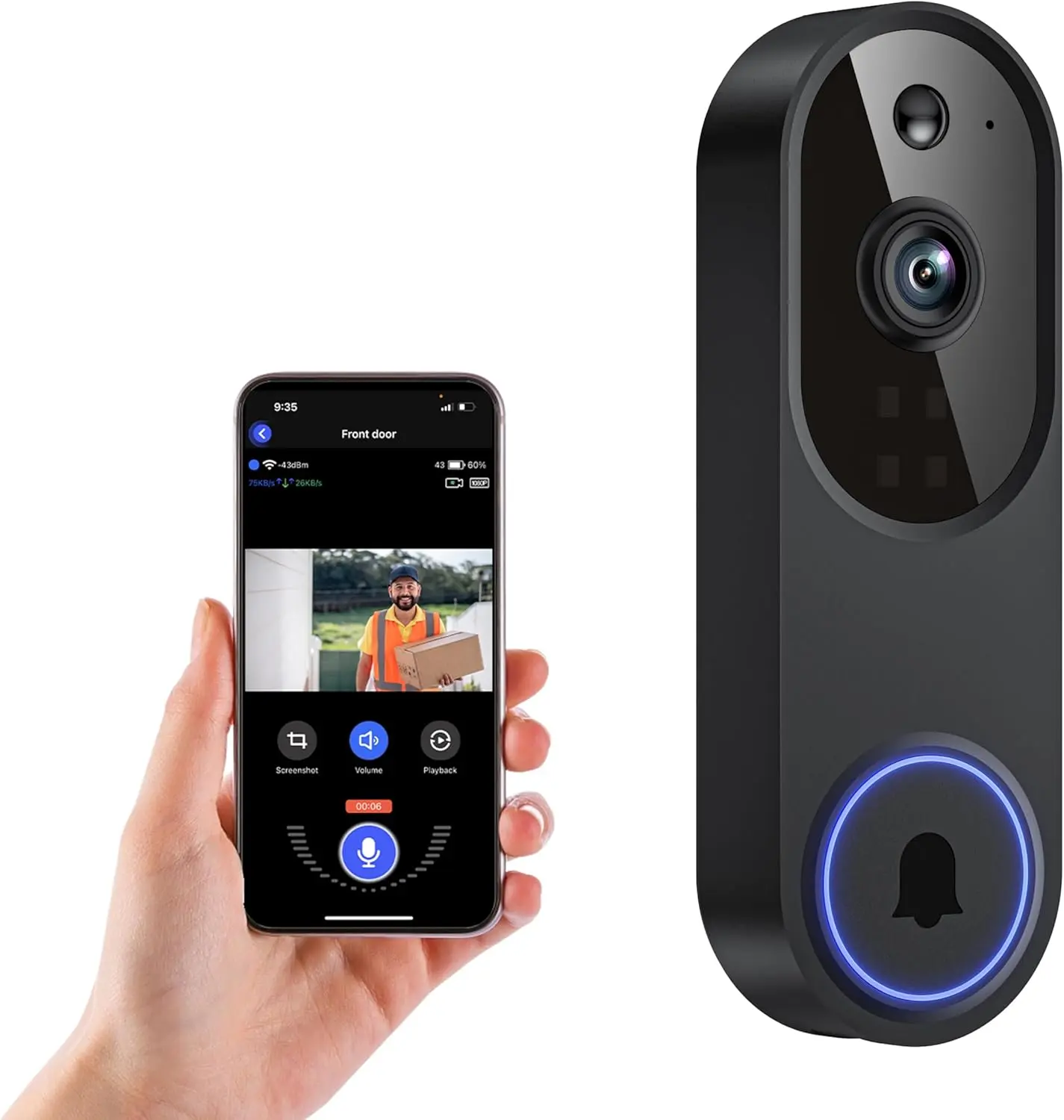 1080P Wireless Video Doorbell Camera Battery Powered Security Camera AI Motion Detection Night Vision Two Way Audio Cloud Storage 2.4G WiFi Front Door Visitor Monitor Indoor Baby Monitor Home Surveillance System