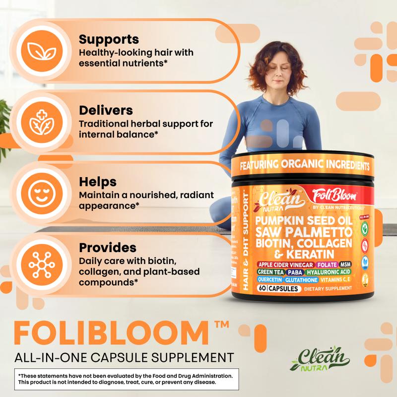 Clean Nutra Pumpkin Seed Oil, Saw Palmetto, Biotin, Collagen & Keratin Hair Supplement for Healthy Growth & DHT Balance - Foli Bloom