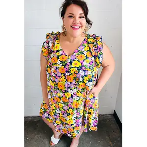 Indigo & Lemon Floral Babydoll Ruffle Dress