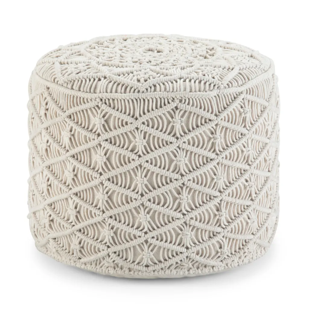 HomeRoots 638526 14 x 18.10 x 18.10 in. Off White Cotton Round Pouf Ottoman