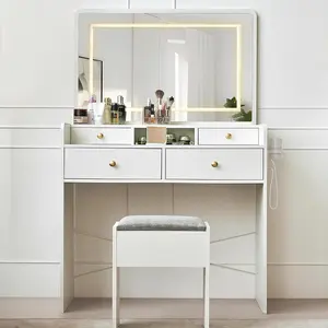 Vanity Desk with Mirror and Lights Power Outlet, 41" White Makeup Vanity Table Set with Storage Bench, Dressing Table for Girls and Women Bedroom, WhiteDressing table storage cabinet integrated small simple modern with full-length mirror bedroom dressing