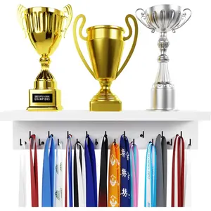 Medal Hanger Display and Trophy Shelf with Hooks - Wooden Medal Holder for Wall Mount Ribbon Display, Trophy Display Shelf for Gymnastics, Soccer, Running Race Medals Awards Rack