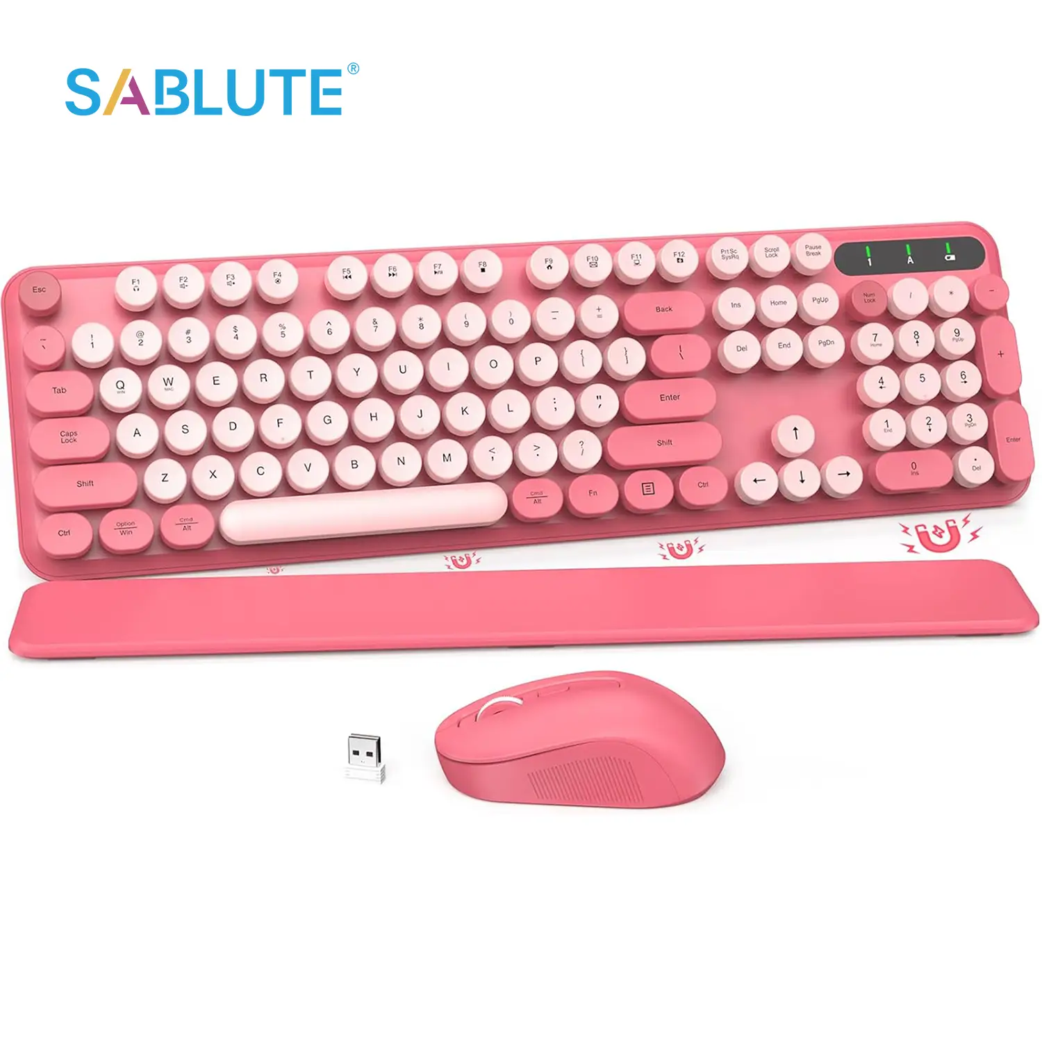 SABLUTE KC302 Typewriter Wireless Keyboard and Mouse Combo with Round Keycaps, Full-Size Retro Typewriter Keyboard with Detachable Wrist Rest