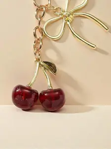 Women's Cherry Bow Metal Keychain – Fashionable Y2K/Ins-style Minimalist Cherry Bow Bag Charm & Wallet Accessory, High-Quality Alloy Key Ring, Polished Finish, with Removable Clip and Zipper Pull Options