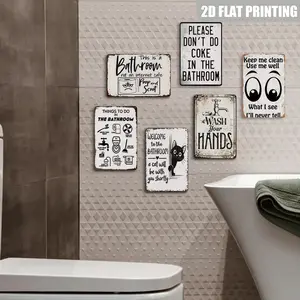 2D Flat, 6pcs Funny Humorous Bathroom & Toilet Quotes Metal Tin Signs Wall Hanging Posters Decorative Signs & Plaques, 8x12 Inch Wall Art Indoor Outdoor Decoration For Home, Bathroom, Toilet, Bedroom, Living Room, Pub, Bar, Man-Cave Decor