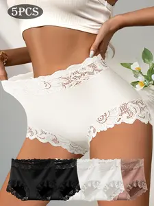 QUASTI 5-Piece Mid-Waist Elegant Lace Butt Lift Panties, Lightweight, Breathable, Seamless, Soft Fabric, Confident Womenswear, Sizes S-XXL