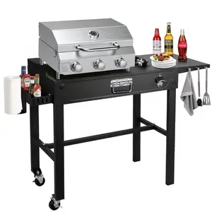Bestfire All-in-One Outdoor Grill Station with Built-in 3 Burners- Dual Connections Propane Grill | Portable Stainless Steel Table with Storage, Hooks & Lockable Wheels for Backyard, Camping & Tailgating Gas