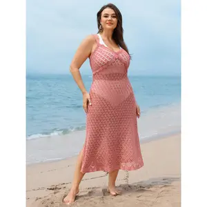 BloomChic Women's Plus Size Crochet Swim Cover-Up, Solid V-Neck Sheer Tunic with Cut-Outs for Resort Wear, Crochet Cover Ups, Multi-Size Cover Ups