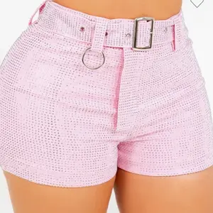 Women's Comfortable Fit Statement Glam Rhinestone High-Waisted Mini Shorts - Adjustable Belt, Floral Fabric Bottom Piece (M29-33 Short)