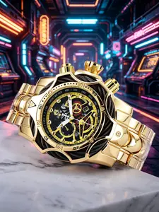 Retro Cyberpunk Arcade Vibe Black Gold Skeleton Analog Quartz Watch Cable Bezel Men's Wristwatch Exquisite Watch