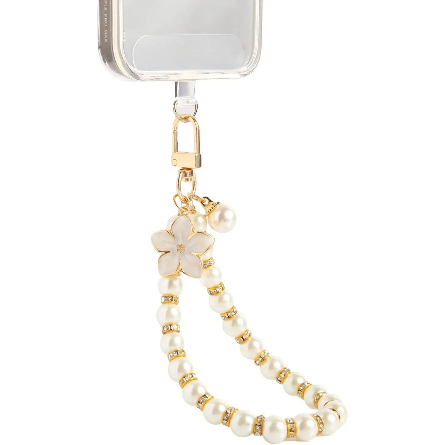 White Flower & Pearls Fancy Beaded Cellphone Wrist Strap - Detachable, Hands-Free Mobile Lanyard Bracelet, Anti-Lost Phone Accessory for iPhone, Samsung & Most Smartphones, Bag Charm, Accessories