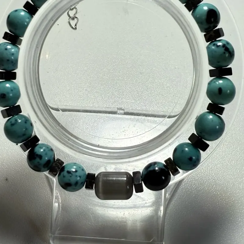 Jasper Obsidian and Selenite Bangle Bracelet with Turquoise Beads and Black Accents for Women